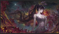 Rule 34 | 1girl, animal ears, douluo dalu, dress, closed eyes, flower, hair flowing over, hand on own chest, long hair, multicolored background, pink dress, ponytail, rabbit ears, sparkle, very long hair, xiao wu (douluo dalu)