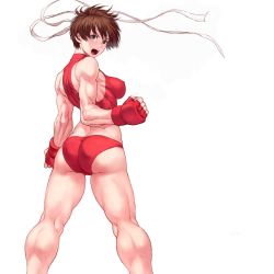 Rule 34 | 1girl, ass, back, breasts, brown hair, buruma, covered erect nipples, gloves, headband, kasugano sakura, kneepits, large breasts, looking at viewer, midriff, muscular, muscular female, short hair, shu-mai, simple background, skin tight, solo, sports bra, street fighter, teeth, thighs, upper teeth only, white background