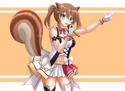 Rule 34 | 1girl, :d, alternate costume, animal ear fluff, animal ears, arm up, asymmetrical legwear, ayunda risu, bare shoulders, black thighhighs, blush, bow, breasts, brown background, brown hair, gloves, green eyes, hair between eyes, highres, holding, holding microphone, hololive, hololive idol uniform, hololive indonesia, kazenokaze, medium breasts, microphone, mismatched legwear, navel, open mouth, pleated skirt, sidelocks, skirt, smile, solo, squirrel ears, squirrel girl, squirrel tail, tail, tail raised, thighhighs, twintails, two-tone background, virtual youtuber, white background, white bow, white gloves, white skirt, white thighhighs, zettai ryouiki
