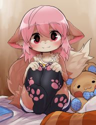Rule 34 | 1girl, animal ear fluff, animal ears, bed, black thighhighs, book, camisole, crossed legs, dagashi (daga2626), denim, denim shorts, fangs, feet, fox ears, fox tail, furry, furry female, hands on own knees, highres, knees up, legs, long hair, looking at viewer, momo-chan (dagasi), original, paw print, pillow, pink eyes, pink hair, print thighhighs, short shorts, shorts, sitting, smile, soles, solo, striped camisole, stuffed toy, tail, thighhighs, thighs, yellow camisole