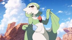 Rule 34 | 1girl, blue sky, blush, bob cut, breasts, closed mouth, cloud, colored skin, cowboy shot, creatures (company), day, female focus, flashing, game freak, gardevoir, gen 3 pokemon, grapeanime, green hair, green skin, groin, hair over one eye, half-closed eyes, hands up, happy, highres, lifted by self, multicolored skin, navel, nintendo, one eye covered, outdoors, pokemon, pokemon (creature), red eyes, short hair, sky, small breasts, smile, solo, standing, stomach, thick thighs, thighs, two-tone skin, white skin