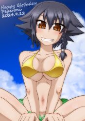 1girl bikini bikini_shorts black_hair blush braid breasts brown_eyes cleavage collarbone dated girls_und_panzer green_shorts grin happy_birthday highres large_breasts navel outdoors pepperoni_(girls_und_panzer) shorts sky smile solo swimsuit tatsuki_yuuta yellow_bikini