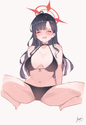 Rule 34 | 1girl, bare arms, bare legs, bare shoulders, bikini, black bikini, black choker, black hair, blue archive, blush, breasts, choker, closed eyes, closed mouth, cropped legs, facing viewer, feet out of frame, grey background, hair ornament, hairclip, halo, hand on own hip, highres, ichika (blue archive), large breasts, long hair, navel, open mouth, red halo, sea nami, side-tie bikini bottom, signature, simple background, smile, solo, swimsuit, tongue, tongue out