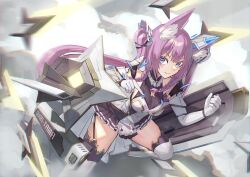 Rule 34 | 1girl, animal ear fluff, animal ears, black dress, blue eyes, blurry, boots, braid, breasts, closed mouth, commentary request, dress, elbow gloves, gloves, guild cq, highres, long hair, looking at viewer, mecha musume, medium breasts, natori youkai, pleated dress, pointing, purple hair, quon tama, side braids, sidelocks, smile, solo, thigh boots, twin braids, twintails, very long hair, virtual youtuber, white footwear, white gloves