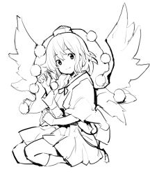 Rule 34 | 1girl, asakura maru, bird wings, closed mouth, commentary request, full body, greyscale, hat, looking at viewer, monochrome, pom pom (clothes), seiza, shameimaru aya, short hair, sitting, smile, socks, solo, tokin hat, touhou, wings