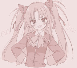 Rule 34 | 1girl, blazer, blush, bow, breasts, brown background, collared shirt, commentary, cropped torso, fang, hair ribbon, hands on own hips, head tilt, jacket, jigatei (omijin), little busters!, long hair, long sleeves, looking at viewer, monochrome, open mouth, parted bangs, ribbon, sasasegawa sasami, school uniform, shirt, simple background, sleeves past wrists, small breasts, solo, sweat, two side up, upper body, v-shaped eyebrows, very long hair