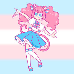Rule 34 | 1other, :3, alternate color, animal ears, arm at side, arm up, artist name, bell, blue eyes, blue footwear, blue sailor collar, blue skirt, blunt bangs, bow, bowtie, brooch, cat ears, cat tail, choker, footwear bow, geminine, hair bow, heart, heart brooch, heart in eye, highres, jewelry, knee up, knees together feet apart, limited palette, magical star (millie (mahoustars)), magical star (regular outfit) (millie (mahoustars)), mary janes, miniskirt, neck bell, original, other focus, pink choker, pink hair, print bow, puffy short sleeves, puffy sleeves, sailor collar, sailor shirt, shirt, shoes, short sleeves, signature, skirt, solo, symbol in eye, tail, thighhighs, tied sleeves, twintails, waist bow, white shirt, white thighhighs