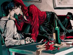 Rule 34 | 2boys, alcohol, black eyes, black hair, black nails, black pants, bottle, cigarette, cigarette pack, closed mouth, collared shirt, commentary request, couch, cup, drinking glass, fingernails, full body, hand on another&#039;s chin, highres, holding hands, ichijou seiya, kaiji, long hair, long sleeves, looking at another, male focus, medium bangs, multiple boys, murakami tamotsu, painting (object), pants, red eyes, red hair, red shirt, shirt, short hair, smile, unknown03162, white shirt, wine, wine bottle, wine glass, yaoi