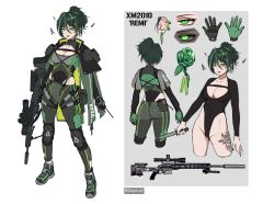 Rule 34 | 1girl, :p, absurdres, ass, black leotard, black nails, breasts, bsapricot, character sheet, cleavage, cleavage cutout, closed mouth, clothing cutout, collarbone, commentary, covered navel, cropped legs, ear piercing, earrings, flower, girls&#039; frontline, gloves, glowing, glowing eye, green eyes, green flower, green gloves, green hair, green rose, grey background, grey footwear, grey pants, groin, gun, hair between eyes, high ponytail, highleg, highleg leotard, highres, holding, holding knife, jewelry, knife, leg tattoo, leotard, long sleeves, m2010 enhanced sniper rifle, medium breasts, multiple views, nail polish, original, pants, piercing, ponytail, remington arms, rifle, rose, scar, scar on face, scar on nose, scope, shoes, shrug (clothing), smile, sniper rifle, standing, suppressor, tattoo, tongue, tongue out, tongue piercing, two-tone background, weapon, white background, xm2010