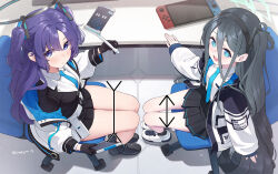 2girls absurdly_long_hair aqua_halo aris_(blue_archive) black_gloves black_hair black_hairband black_halo black_skirt blue_archive blue_eyes blue_hair blush chair commentary_request from_above gloves hair_between_eyes hair_intakes hair_ornament hairband halo handheld_game_console highres holding holding_stylus kanpa_(campagne_9) long_hair long_hair_between_eyes multiple_girls office_chair on_chair one_side_up pleated_skirt shirt shoes skirt stylus swivel_chair tablet_pc thighs two_side_up very_long_hair white_shirt yuuka_(blue_archive)