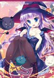 Rule 34 | 1girl, absurdres, black pantyhose, blue eyes, breasts, cleavage, collarbone, demon wings, dress, hat, highres, long hair, mikeou, open mouth, original, pantyhose, pumpkin, purple hair, solo, wings, witch hat