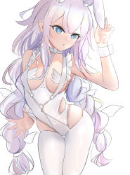 Rule 34 | + +, 1girl, absurdres, ahoge, animal ear fluff, animal ears, arm up, azur lane, blue eyes, braid, breast curtains, breasts, choker, covered navel, cowboy shot, crotchless, crotchless pantyhose, fake animal ears, frills, groin, hair between eyes, hairband, hand up, highleg, highleg leotard, highres, holding ear, le malin (azur lane), le malin (listless lapin) (azur lane), leaning forward, leotard, long hair, looking at viewer, low twin braids, niuwajun, o-ring, official alternate costume, open mouth, pantyhose, parted lips, playboy bunny, rabbit ears, revealing clothes, sidelocks, simple background, skindentation, small breasts, solo, standing, symbol-shaped pupils, thigh gap, thigh strap, thighs, twin braids, very long hair, white background, white choker, white hair, white leotard, white pantyhose, wrist cuffs