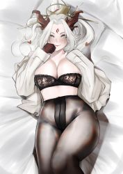 Rule 34 | 1girl, black bra, black pantyhose, bra, breasts, cleavage, commentary, dakimakura (medium), dragon girl, dragon horns, english commentary, eyeshadow, grey eyes, highres, horns, hua mei shi, indie virtual youtuber, large breasts, long hair, lying, makeup, on bed, pantyhose, pupi (rain prophet), red eyeshadow, second-party source, shirt, sleeves past fingers, sleeves past wrists, smile, solo, thighs, underwear, virtual youtuber, white hair, white shirt