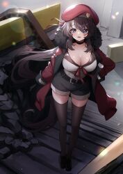Rule 34 | 1girl, ankkoyom, beret, black choker, black footwear, black gloves, black shorts, black thighhighs, blue eyes, breasts, brown hair, choker, cleavage, coat, collarbone, commission, female commander (girls&#039; frontline), full body, fur-trimmed coat, fur trim, girls&#039; frontline, gloves, hair between eyes, hand on own hip, hat, highres, journey in the auspicious snow (girls&#039; frontline), large breasts, lens flare, long hair, long sleeves, looking at viewer, open mouth, original, outdoors, red coat, red hat, red ribbon, ribbon, shirt, shirt tucked in, shorts, sidelocks, solo, termichan (not-a-bot), thighhighs, very long hair, white shirt