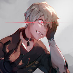 Rule 34 | 1boy, black choker, black gloves, choker, clenched teeth, gloves, grey background, grey hair, hand on own face, jiro (ninetysix), lens flare, male focus, nier (series), nier:automata, red eyes, solo, tearing up, teeth, torn clothes, upper body, 9s (nier:automata)