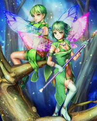 Rule 34 | 1boy, 1girl, brother and sister, child, fairy, green eyes, green hair, original, outdoors, realistic, shorts, siblings, sitting, slit pupils, to1989, tree, wings