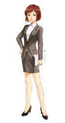 Rule 34 | 10s, 1girl, arm at side, bad id, bad pixiv id, bare legs, black eyes, black footwear, bob cut, brown hair, changye, closed mouth, collared shirt, dress shirt, formal, full body, grey jacket, grey skirt, hand on own hip, high heels, holding, jacket, legs apart, long sleeves, looking at viewer, office lady, osoko (osomatsu-san), osomatsu-san, paper, pencil skirt, pink lips, shirt, shoes, short hair, side slit, simple background, skirt, skirt suit, smile, solo, standing, suit, white background, white shirt