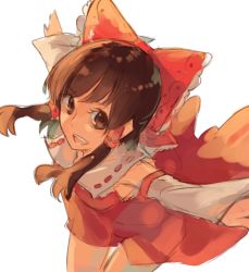 Rule 34 | 1girl, bow, brown eyes, brown hair, detached sleeves, hair bow, hair tubes, hakurei reimu, japanese clothes, long hair, looking at viewer, miko, outstretched arms, pisoshi, solo, thigh gap, touhou