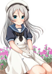 Rule 34 | 1girl, blue eyes, blue sailor collar, blush, closed mouth, comiching, dress, feet out of frame, flower, gloves, grey hair, hat, highres, javelin (kancolle), kantai collection, long hair, looking at viewer, pink flower, sailor collar, sailor dress, sailor hat, short sleeves, simple background, smile, solo, white background, white dress, white gloves, white hat