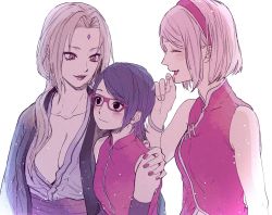 Rule 34 | 3girls, :d, bare arms, black eyes, black hair, blonde hair, blush, boruto: naruto next generations, bracelet, breasts, cleavage, closed eyes, collarbone, glasses, hair intakes, hair over shoulder, hairband, hand on another&#039;s shoulder, haruno sakura, highres, jacket, jewelry, large breasts, long hair, mother and daughter, multiple girls, nail polish, naruto (series), open mouth, pink hair, ponytail, purple lips, red-framed eyewear, red eyes, red hairband, red jacket, red nails, short hair, simple background, sleeveless, sleeveless jacket, smile, suzu (tg 390), tsunade (naruto), uchiha sarada, white background