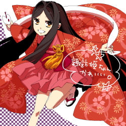 Rule 34 | black hair, checkered background, cherry blossoms, floral print, geta, haori, hoshino lily, japanese clothes, kimono, kimono skirt, leg lift, long hair, long sleeves, looking at viewer, obi, okobo, outstretched arms, sandals, sash, smile, snake, solo, spread arms, standing, standing on one leg, suwa hime, tabi, white snake, wide sleeves
