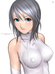 Rule 34 | 1girl, apple inc., bare shoulders, blue eyes, breasts, digital media player, elbow gloves, gloves, halterneck, impossible clothes, impossible shirt, ipod, personification, ryu (ryu&#039;s form site), shirt, silver hair, simple background, solo