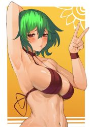 Rule 34 | 1girl, arm behind head, arm up, armpits, bikini, blush, breasts, cleavage, collarbone, commentary, covered erect nipples, english commentary, eyelashes, furrowed brow, green hair, hair between eyes, heart, heart-shaped pupils, highres, kazami yuuka, large breasts, looking at viewer, navel, pout, red eyes, shiny skin, short hair, solo, string bikini, swimsuit, symbol-shaped pupils, tomatolover16, touhou, v, yellow background