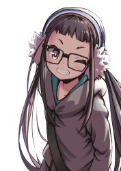 Rule 34 | 1girl, absurdres, arms at sides, backlighting, black hair, blue sweater, clenched teeth, commentary request, earmuffs, glasses, grey hoodie, head tilt, highres, hood, hoodie, light blush, long hair, n2midori, one eye closed, oogaki chiaki, short bangs, simple background, smile, solo, standing, strap, sweater, teeth, twintails, upper body, white background, yurucamp, zipper