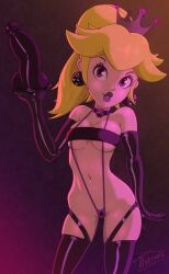 Rule 34 | 1girl, alternate eye color, arm at side, artist name, bandeau, bare shoulders, black bandeau, black choker, black gloves, black thighhighs, blonde hair, bowser logo, breasts, chain chomp, choker, cowboy shot, crown, dildo, earrings, elbow gloves, female focus, gloves, goth fashion, hair flaps, hand up, highres, holding, holding sex toy, jewelry, lips, lipstick, looking at viewer, makeup, mario (series), medium breasts, medium hair, mini crown, navel, nintendo, one-piece swimsuit, parted lips, ponytail, princess peach, purple background, purple eyes, purple headwear, purple lips, purple one-piece swimsuit, purple slingshot swimsuit, sex toy, shiny clothes, sidelocks, signature, simple background, skindentation, slingshot swimsuit, solo, standing, star (symbol), stomach, super star (mario), swimsuit, thighhighs, throat (artist)