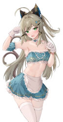 Rule 34 | 1girl, :d, absurdres, ahoge, alternate costume, animal ears, apron, armpits, bandeau, bare shoulders, blue skirt, cat ears, cat tail, clenched hands, commentary, cowboy shot, fake animal ears, feint721, genshin impact, gloves, green eyes, grey hair, hair ornament, hairclip, head tilt, highres, kirara (genshin impact), long hair, looking at viewer, midriff, miniskirt, multiple tails, navel, one side up, open mouth, paw pose, simple background, skirt, skirt set, smile, solo, standing, stomach, strapless, tail, thighhighs, thighs, tube top, two tails, very long hair, waist apron, white apron, white background, white gloves, white thighhighs