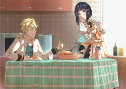 Rule 34 | 10s, 1boy, 1girl, :t, admiral (kancolle), alternate eye color, apron, black hair, black skirt, blonde hair, bottle, bread, commentary request, cup, curry, dog tags, drinking glass, eyebrows, closed eyes, food, gloves, hair bun, hair ornament, hairclip, headband, holding, holding spoon, jacket, kantai collection, kitchen, loaf of bread, long hair, long sleeves, low ponytail, milk, myoukou (kancolle), open clothes, open jacket, plate, ponytail, pot, puffy long sleeves, puffy sleeves, purple eyes, remodel (kantai collection), rice, short hair, single hair bun, skirt, smile, spoon, table, thick eyebrows, thumbs up, yonoki
