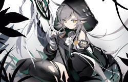 Rule 34 | absurdres, ahoge, arknights, bare shoulders, black gloves, black jacket, black shirt, black sleeves, black thighhighs, commentary, covered navel, crocodilian tail, detached sleeves, feet out of frame, flower, gloves, goggles, goggles around neck, grey hair, highres, holding, holding staff, hood, hood up, jacket, kneeling, long hair, looking at viewer, partially fingerless gloves, plant, pointy ears, shirt, staff, tail, thighhighs, tomimi (arknights), torn clothes, torn legwear, white background, white flower, yakurope-moko, yellow eyes
