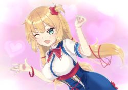 Rule 34 | 1girl, \||/, akai haato, akai haato (1st costume), blonde hair, blush, breasts, commentary request, green eyes, hair ornament, hair ribbon, heart, heart background, heart hair ornament, highres, hololive, large breasts, looking at viewer, nail polish, one eye closed, open mouth, owl (owl 1231), pink background, ribbon, solo, virtual youtuber