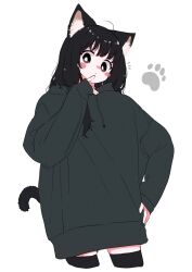Rule 34 | 1girl, ahoge, animal ears, black eyes, black hair, black hoodie, blush, bright pupils, cat ears, cat girl, cat tail, commentary request, cowboy shot, dot mouth, eyelashes, finger to own chin, hand on own hip, highres, hood, hoodie, long hair, megateru, messy hair, original, oversized clothes, simple background, sleeves past wrists, solo, tail, tareme, thighhighs, white background, white pupils, zettai ryouiki