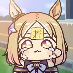 Rule 34 | 1girl, animal ears, blonde hair, bow, bowtie, commentary, crying, ear ornament, gradient eyes, horse ears, horse girl, horse racing track, jazz jack, looking at viewer, lowres, multicolored eyes, narita top road (umamusume), off shoulder, orange eyes, outdoors, parted bangs, purple bow, purple bowtie, purple eyes, scene reference, short hair, solo, streaming tears, tears, tic-tac-toe, umamusume, umamusume: road to the top, upper body