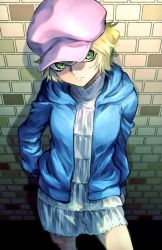Rule 34 | 1girl, against wall, blonde hair, blue hoodie, brick wall, closed mouth, commentary, frilled shirt, frilled skirt, frills, green eyes, hat, hood, hood down, hooded jacket, hoodie, jacket, long sleeves, looking at viewer, mary sera, meitantei conan, open clothes, open hoodie, pink hat, shadow, shirt, short hair, skirt, solo, soraao0322, standing, white shirt, white skirt