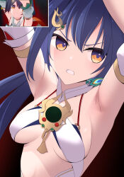 1girl absurdres armpits arms_up bare_shoulders blue_hair breasts brooch center_opening clenched_teeth detached_collar detached_sleeves game_screenshot_inset hair_ornament hairclip halterneck highres honkai:_star_rail honkai_(series) jewelry long_hair looking_ahead low_ponytail purple_eyes revealing_clothes short_sleeves sleeveless small_breasts solo spaghetti_strap teeth tetori_(tetolisto) two-tone_eyes underboob upper_body v-shaped_eyebrows yellow_eyes yunli_(honkai:_star_rail)