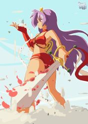 Rule 34 | 1girl, absurdres, artist name, ass, athena (series), bikini, breasts, cleavage, giant, giantess, highres, large breasts, legs, lipstick, long hair, makeup, princess athena, purple eyes, purple hair, red bikini, shield, snk, solo, swimsuit, thighs, weapon