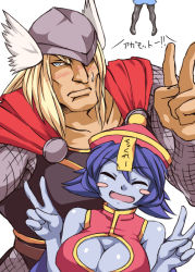 Rule 34 | 1girl, 2boys, animification, blonde hair, blue eyes, blue hair, blue skin, blush, blush stickers, bondo, breasts, capcom, cleavage, cleavage cutout, closed eyes, clothing cutout, colored skin, company connection, crossover, doctor strange, double v, flipped hair, hat, head out of frame, jiangshi, large breasts, lei lei, marvel, marvel vs. capcom, marvel vs. capcom 3, multiple boys, ofuda, qingdai guanmao, serious, smile, thor (marvel), v, vampire (game)