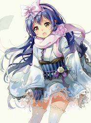 Rule 34 | 1girl, 77gl, blue gloves, blue hair, blush, commentary request, cowboy shot, flower, frills, gloves, hair between eyes, hair ornament, hair ribbon, japanese clothes, kimono, kimono skirt, long hair, long sleeves, looking at viewer, love live!, love live! school idol festival, love live! school idol project, open mouth, ribbon, scarf, simple background, solo, sonoda umi, tears, thighhighs, white thighhighs, wide sleeves, yellow eyes
