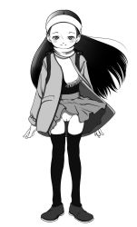 Rule 34 | 1girl, black hair, black thighhighs, blush, censored, cleft of venus, closed mouth, full body, highres, jacket, long hair, looking at viewer, monochrome, mosaic censoring, no panties, original, pussy, riarutoruchokku, scarf, shoes, simple background, skirt, smile, solo, standing, thighhighs