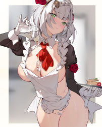 Rule 34 | 1girl, absurdres, apron, arm up, between breasts, braid, breasts, cleavage, commentary request, cowboy shot, detached collar, detached sleeves, female pubic hair, flower, frills, genshin impact, gloves, green eyes, grey hair, hair flower, hair ornament, highres, holding, houkisei, juliet sleeves, large breasts, long sleeves, looking at viewer, maid, maid apron, maid headdress, necktie, no bra, no panties, noelle (genshin impact), object on breast, outside border, plate, pouring, pouring onto self, pubic hair, puffy sleeves, revealing clothes, short hair, smile, solo, standing, white gloves