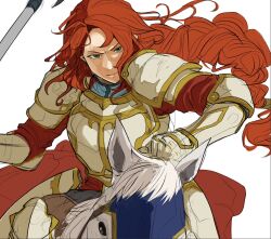 Rule 34 | 1girl, armor, axe, battle, braid, couter, fire emblem, fire emblem: path of radiance, frown, gauntlets, green eyes, highres, holding, holding axe, horse, horseback riding, long hair, nintendo, pauldrons, red hair, red shirt, riding, scowl, shirt, shoulder armor, single braid, solo, sutekina yari, titania (fire emblem), vambraces, white armor, white background, white horse