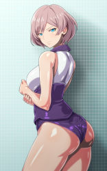 Rule 34 | 1girl, anime coloring, ass, bare shoulders, blue eyes, contrapposto, corset, from side, frown, gridman universe, looking at viewer, looking back, monteriakitto, mujina, panties, pink hair, purple panties, shiny skin, shirt, short hair, solo, ssss.dynazenon, standing, taut clothes, thighs, underwear, white shirt