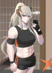 Rule 34 | 1futa, abs, arknights, bare shoulders, black gloves, black shorts, black sports bra, breasts, bulge, cellphone, cowboy shot, dragon girl, dragon horns, dragon tail, fingerless gloves, futanari, gloves, grey hair, highres, holding, holding phone, horns, looking at viewer, medium breasts, midriff, navel, phone, ponytail, saria (arknights), selfie, shorts, single glove, smartphone, solo, sports bra, standing, supershrimpcakes, tail, watch, wristwatch, yellow eyes