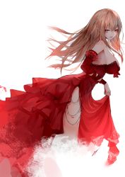 Rule 34 | 1girl, :d, absurdres, bad id, bad pixiv id, bare shoulders, blonde hair, blood, breasts, clothes lift, commentary, detached sleeves, dress, dress lift, english commentary, english text, erospanda, fang, fangs, female focus, floating hair, frilled sleeves, frills, from side, hair between eyes, highres, holding, holding clothes, holding dress, invisible, large breasts, leaning, leaning forward, long dress, long hair, looking at viewer, no bra, no legs, open mouth, original, pointy ears, red detached sleeves, red dress, red eyes, red theme, side slit, sideboob, signature, simple background, slit pupils, smile, solo, strapless, strapless dress, vampire, white background