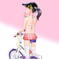 Rule 34 | 1girl, ass, badge, bare shoulders, baseball cap, bicycle, bikini, black hair, black hat, bow, button badge, can, feet out of frame, female focus, from behind, gradient background, green eyes, hair bow, halterneck, hand up, hat, heart, highres, long hair, looking away, mayafufu, original, pink background, plaid, plaid bow, plaid skirt, pleated skirt, ponytail, purple bow, side-tie bikini bottom, skirt, solo, standing, star (symbol), sweatband, swimsuit, thighhighs, white background, white bikini, white thighhighs, wristband