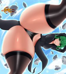 Rule 34 | 1boy, 1girl, absurdres, ass, black dress, black panties, black thighhighs, blue sky, breasts, cameltoe, closed mouth, curly hair, day, debris, dress, from below, green eyes, green hair, highres, huge ass, long sleeves, looking at viewer, matching hair/eyes, medium breasts, one-punch man, panties, saitama (one-punch man), shiny skin, short hair, skindentation, sky, tatsumaki, thethighmessiah, thick thighs, thighhighs, thighs, underwear
