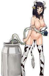 Rule 34 | 1girl, animal ears, animal print, black eyes, black hair, blush, breasts, cow ears, cow girl, cow horns, cow print, cow tail, ear tag, female focus, fuee, horns, lactation, looking at viewer, milking machine, navel, nipples, nose piercing, nose ring, nude, open mouth, original, piercing, pussy, nose ring, smile, solo, standing, tail, thighhighs, uncensored