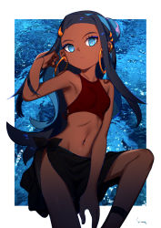 Rule 34 | 1girl, arm up, armpits, bad id, bad twitter id, bare shoulders, black hair, blue eyes, breasts, creatures (company), dark-skinned female, dark skin, earrings, expressionless, forehead, game freak, groin, hair ornament, highres, hoop earrings, jewelry, leg strap, long hair, looking at viewer, midriff, navel, nessa (pokemon), nintendo, pokemon, pokemon: twilight wings, pokemon swsh, sarong, shamonabe, small breasts, solo, swimsuit, thighs, very long hair